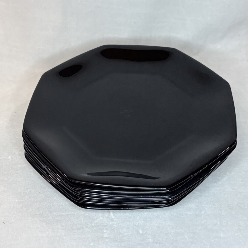 Lot Of 8 Vintage Arcoroc Black Glass Salad Dessert Plates Octagon 7.25" France